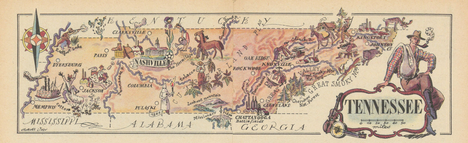 Tennessee small state map by Jacques Liozu 1946 old vintage plan chart